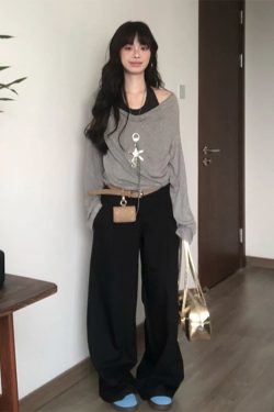 Gray Faux Two-Piece Long Sleeve T-Shirt for Women - Spring Halter Neck Off-Shoulder One-Shoulder Top in Trendy Style