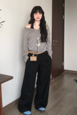 Gray Faux Two-Piece Long Sleeve T-Shirt for Women - Spring Halter Neck Off-Shoulder One-Shoulder Top in Trendy Style