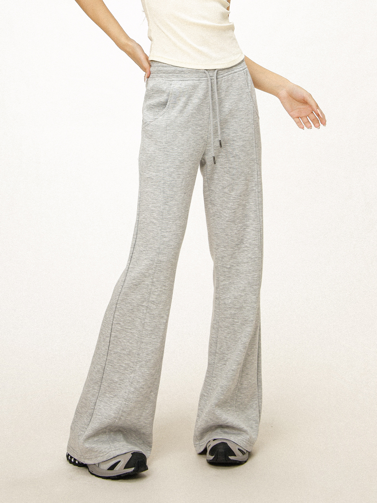 Gray Flared Sweatpants for Women - Casual Draped Wide Leg Bell Bottoms, Sporty Style, Comfortable Fit, Trendy Athleisure Gray Flared Sweatpants for Women - Casual Draped Wide Leg Bell Bottoms, Sporty Style, Comfortable Fit, Trendy Athleisure