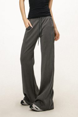 Gray Flared Sweatpants for Women - Casual Draped Wide Leg Bell Bottoms, Sporty Style, Comfortable Fit, Trendy Athleisure