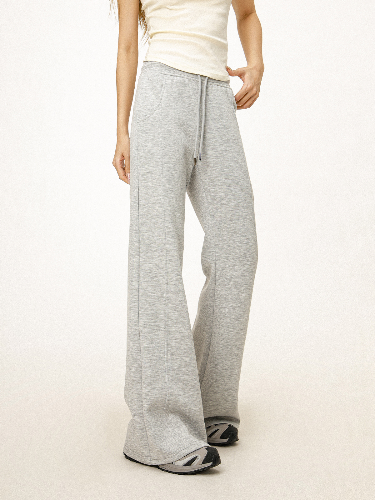 Gray Flared Sweatpants for Women - Casual Draped Wide Leg Bell Bottoms, Sporty Style, Comfortable Fit, Trendy Athleisure Gray Flared Sweatpants for Women - Casual Draped Wide Leg Bell Bottoms, Sporty Style, Comfortable Fit, Trendy Athleisure
