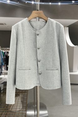 Gray-Green Textured Suit Jacket for Women - French Style, Trendy Korean Spring Autumn Fashion 2025