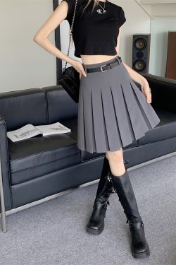Gray High-Waisted Pleated A-Line Skirt for Women - Summer College Style Mid-Length Tummy-Covering JK Skirt