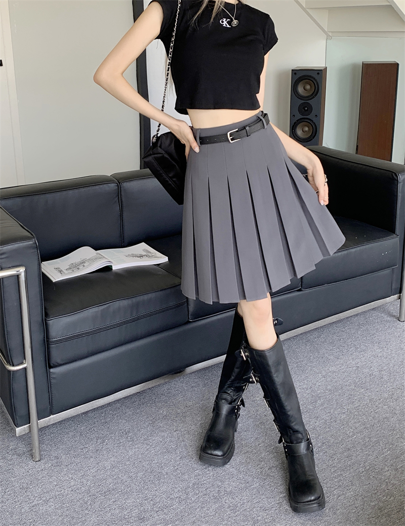 Gray High-Waisted Pleated A-Line Skirt for Women - Summer College Style Mid-Length Tummy-Covering JK Skirt Gray High-Waisted Pleated A-Line Skirt for Women - Summer College Style Mid-Length Tummy-Covering JK Skirt
