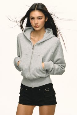 Gray Hooded Zip-Up Sweatshirt for Women - Waist-Cinched Short Sports Jacket, 2025 Spring Fashion, Versatile Casual Wear