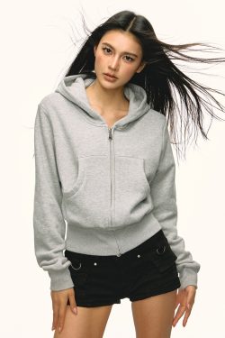 Gray Hooded Zip-Up Sweatshirt for Women - Waist-Cinched Short Sports Jacket, 2025 Spring Fashion, Versatile Casual Wear