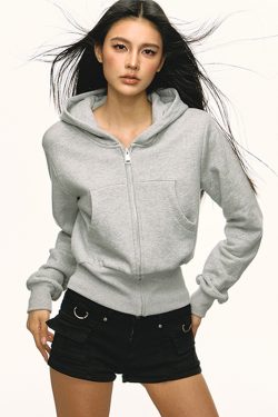 Gray Hooded Zip-Up Sweatshirt for Women - Waist-Cinched Short Sports Jacket, 2025 Spring Fashion, Versatile Casual Wear