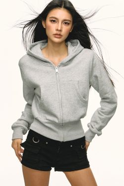 Gray Hooded Zip-Up Sweatshirt for Women - Waist-Cinched Short Sports Jacket, 2025 Spring Fashion, Versatile Casual Wear