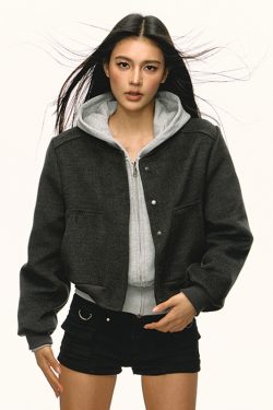Gray Hooded Zip-Up Sweatshirt for Women - Waist-Cinched Short Sports Jacket, 2025 Spring Fashion, Versatile Casual Wear
