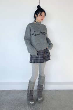 Gray Jacquard Round Neck Loose Casual Layered Knit Sweater for Women in Shibuya Style - Trendy 90s Inspired Fashion