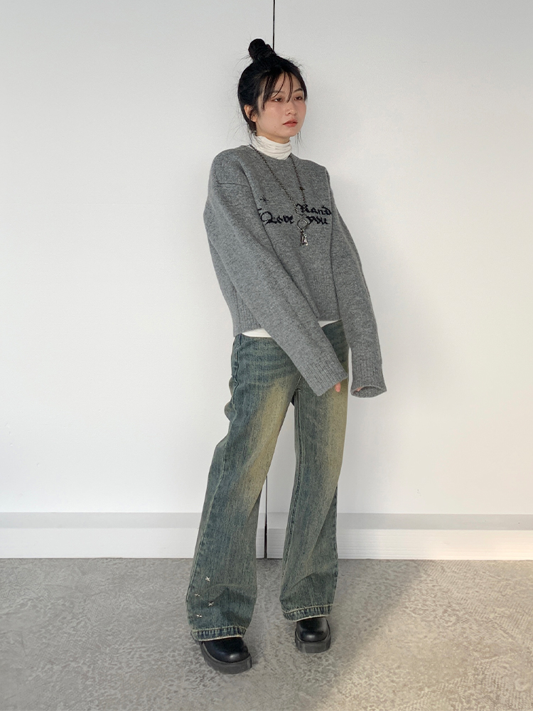 Gray Jacquard Round Neck Loose Casual Layered Knit Sweater for Women in Shibuya Style - Trendy 90s Inspired Fashion Gray Jacquard Round Neck Loose Casual Layered Knit Sweater for Women in Shibuya Style - Trendy 90s Inspired Fashion