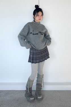 Gray Jacquard Round Neck Loose Casual Layered Knit Sweater for Women in Shibuya Style - Trendy 90s Inspired Fashion