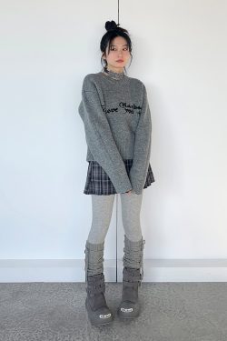 Gray Jacquard Round Neck Loose Casual Layered Knit Sweater for Women in Shibuya Style - Trendy 90s Inspired Fashion