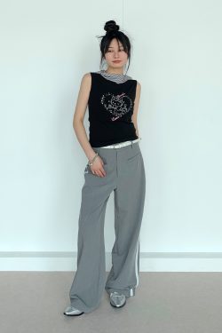 Gray Lace Patchwork Long Pants - Low-Waist Retro Casual Style, Versatile Y2K Fashion for Effortless Everyday Wear