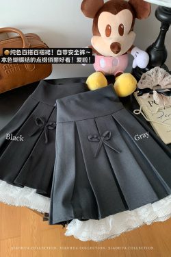 Gray Lace-Trimmed A-Line Skirt for Women, Bow Detail, Puffy Pleated Design, Spring Summer Fashion, Sexy Anti-Exposure Style