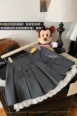 Gray Lace-Trimmed A-Line Skirt for Women, Bow Detail, Puffy Pleated Design, Spring Summer Fashion, Sexy Anti-Exposure Style