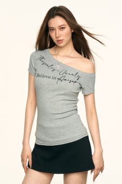 Gray Off-Shoulder Short Sleeve T-Shirt for Women - Slim Fit American Style Top for Summer 2025, Trendy Casual Wear