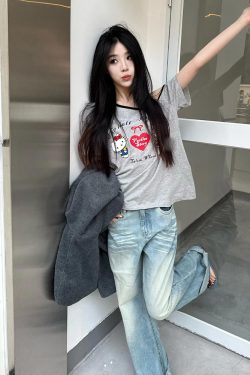 Gray Off-Shoulder Short Sleeve Women's Summer Color-Blocking Loose T-Shirt with Hello Kitty Print - Trendy Sexy Casual Top