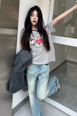 Gray Off-Shoulder Short Sleeve Women's Summer Color-Blocking Loose T-Shirt with Hello Kitty Print - Trendy Sexy Casual Top