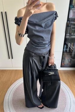 Gray One-Shoulder Draped Collar Suit Vest for Women - Luxe Sleeveless Top with Flower Bud Design, Two-Way Wear, Summer Style