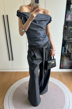 Gray One-Shoulder Draped Collar Suit Vest for Women - Luxe Sleeveless Top with Flower Bud Design, Two-Way Wear, Summer Style