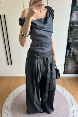 Gray One-Shoulder Draped Collar Suit Vest for Women - Luxe Sleeveless Top with Flower Bud Design, Two-Way Wear, Summer Style