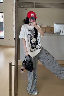 Gray Printed Wide-Leg Casual Pants for Women - Loose Slim Fit Summer Trousers, Trendy 90s Style
