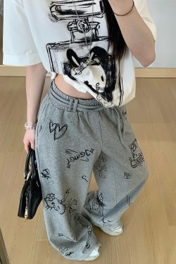 Gray Printed Wide-Leg Casual Pants for Women - Loose Slim Fit Summer Trousers, Trendy 90s Style