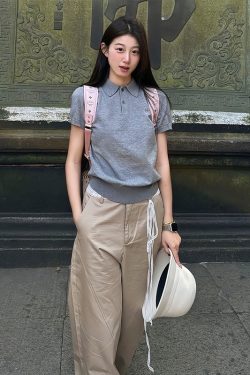 Gray Short Sleeve Polo Shirt for Women - Summer American Retro Knitted T-Shirt, College Style Slim Fit Top