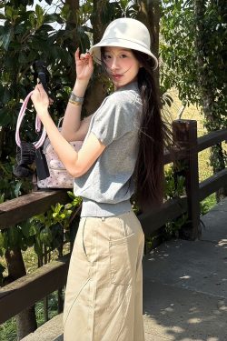 Gray Short Sleeve Polo Shirt for Women - Summer American Retro Knitted T-Shirt, College Style Slim Fit Top