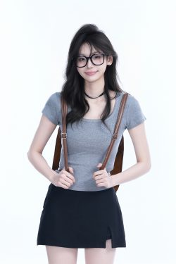 Gray Slim Fit Short-Sleeve U-Neck T-Shirt for Women, Summer Sports Base Layer, Casual Essential