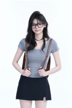 Gray Slim Fit Short-Sleeve U-Neck T-Shirt for Women, Summer Sports Base Layer, Casual Essential