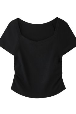 Gray Square-Neck Slim-Fit Cropped Short Sleeve T-Shirt for Women - American Style Summer Top