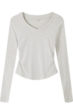 Gray Square-Neck Slim-Fit Cropped Short Sleeve T-Shirt for Women - American Style Summer Top