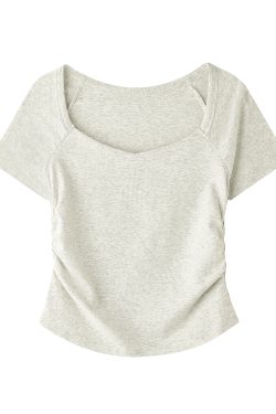 Gray Square-Neck Slim-Fit Cropped Short Sleeve T-Shirt for Women - American Style Summer Top