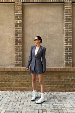 Gray Strap Waist-Cinching Fitted Suit & Pleated Skirt Set - City Girl Style for Trendy Outfits, Perfect for 90s and Y2K Fashion