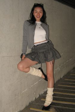Gray Striped Drawstring Cake Skirt with Rhinestone Cardigan - Sweet and Spicy Miu Flavor, Y2K Style, Trendy Layered Outfit