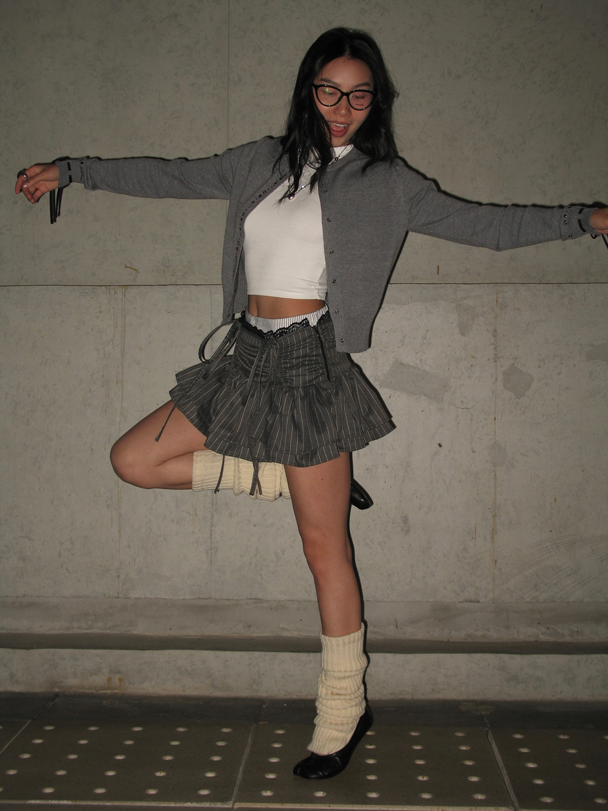 Gray Striped Drawstring Cake Skirt with Rhinestone Cardigan - Sweet and Spicy Miu Flavor, Y2K Style, Trendy Layered Outfit Gray Striped Drawstring Cake Skirt with Rhinestone Cardigan - Sweet and Spicy Miu Flavor, Y2K Style, Trendy Layered Outfit