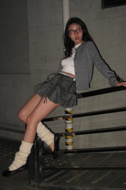 Gray Striped Drawstring Cake Skirt with Rhinestone Cardigan - Sweet and Spicy Miu Flavor, Y2K Style, Trendy Layered Outfit