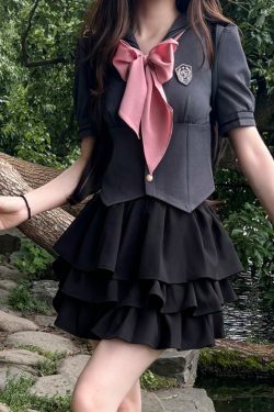 Gray Women's Summer JK Uniform Set with Puff Skirt and Cake Skirt - Trendy 2024 College Style