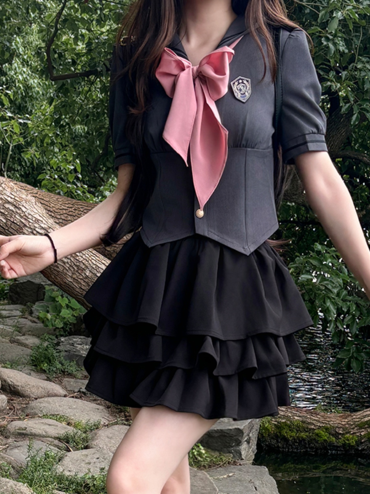 Gray Women's Summer JK Uniform Set with Puff Skirt and Cake Skirt - Trendy 2024 College Style Gray Women's Summer JK Uniform Set with Puff Skirt and Cake Skirt - Trendy 2024 College Style