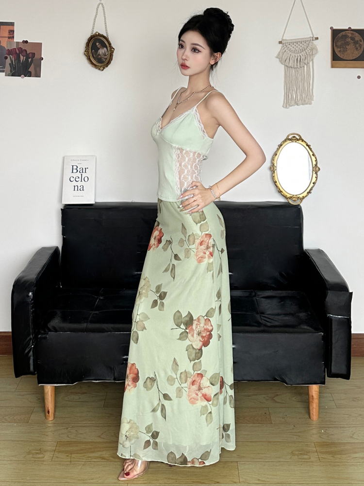 Green and Fresh Floral Mesh Midi Skirt - Women's Elegant Chinese Style Draped Design for a Chic Look Green and Fresh Floral Mesh Midi Skirt - Women's Elegant Chinese Style Draped Design for a Chic Look