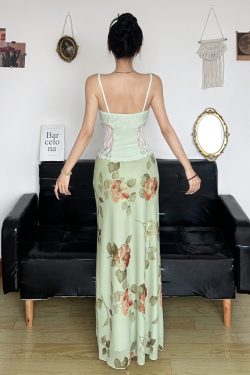 Green and Fresh Floral Mesh Midi Skirt - Women's Elegant Chinese Style Draped Design for a Chic Look
