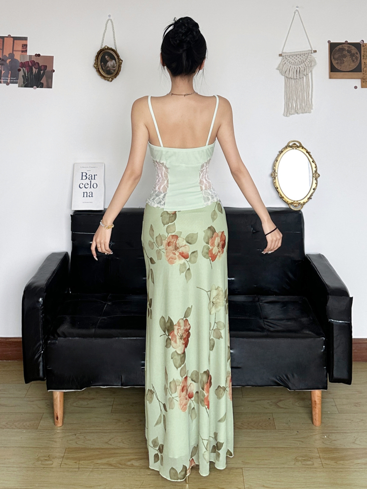Green and Fresh Floral Mesh Midi Skirt - Women's Elegant Chinese Style Draped Design for a Chic Look Green and Fresh Floral Mesh Midi Skirt - Women's Elegant Chinese Style Draped Design for a Chic Look