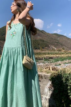 Green Apple Berry Plaid Embroidered Vest Dress for Women - Summer Loose A-Line High Waist Flared Long Skirt, Vintage Style