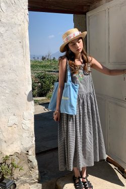 Green Apple Berry Plaid Embroidered Vest Dress for Women - Summer Loose A-Line High Waist Flared Long Skirt, Vintage Style