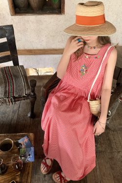 Green Apple Berry Plaid Embroidered Vest Dress for Women - Summer Loose A-Line High Waist Flared Long Skirt, Vintage Style