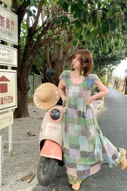 Green Field Ripples Retro Patchwork Chiffon Layered Dress for Women - Vintage Summer Forest Style Long Dress