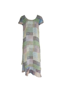 Green Field Ripples Retro Patchwork Chiffon Layered Dress for Women - Vintage Summer Forest Style Long Dress