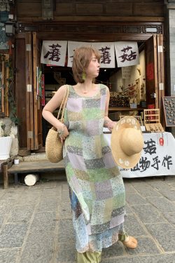 Green Field Ripples Retro Patchwork Chiffon Layered Dress for Women - Vintage Summer Forest Style Long Dress